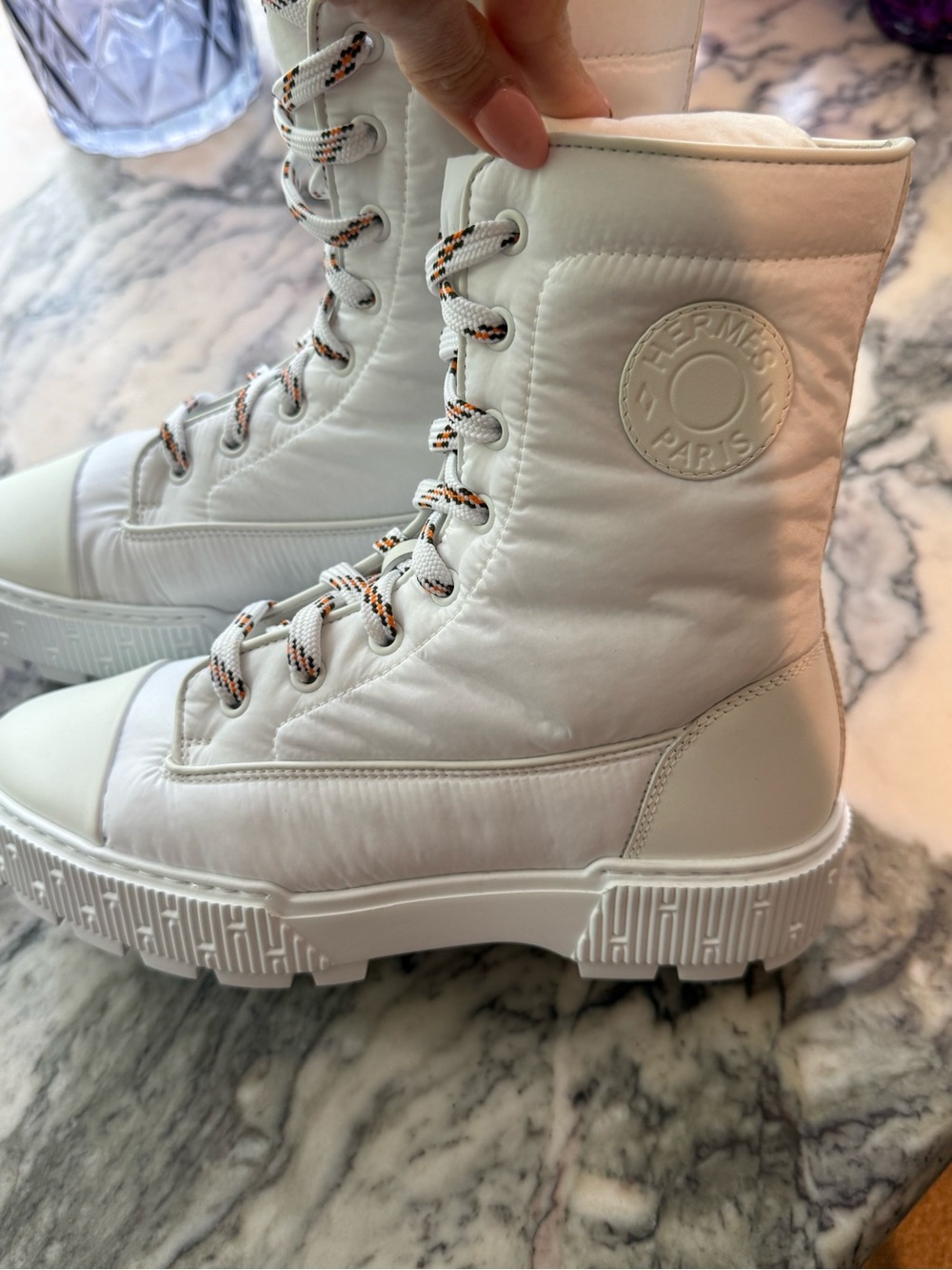 Hermes White Quilted Lace-Up Combat Boots